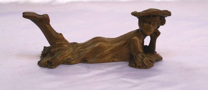 19th Century French Bronze Lady Paperweight 5" Long: 19th Century French Bronze Lady Paperweight 5" Long This exquisite late 19th-century French bronze paperweight features a beautifully detailed lady, showcasing exceptional design and craftsmanship. Me
