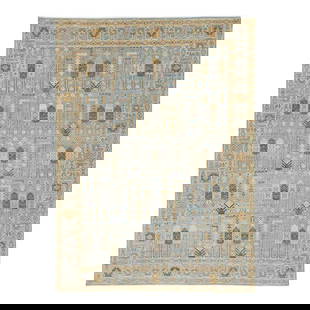 Stunning Khotan Hand-Knotted Blue Wool Rug 8'10'' x 12'1'' Geometric Design: Stunning Khotan Hand-Knotted Blue Wool Rug 8'10'' x 12'1'' Geometric Design Enhance your space with this stunning contemporary Khotan hand-knotted wool rug. Featuring a serene light blue field complem