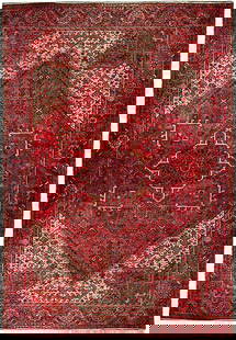 10'2" x 12'9" Semi-Antique Handmade Persian Heriz Rug Red Wool: 10'2" x 12'9" Semi-Antique Handmade Persian Heriz Rug Red Wool Elevate your living space with this captivating Semi-Antique Handmade Persian Heriz Rug, measuring 10' 2" x 12' 9". This exquisite rug is