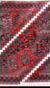 Hand-Knotted 4.7 x 8.2 Red Persian Hamadan Area Rug: Hand-Knotted 4.7 x 8.2 Red Persian Hamadan Area Rug Introducing the 4.7 x 8.2 Red Persian Hamadan Rug, a timeless piece that brings both beauty and heritage into your home. Hand-knotted in the Hamadan