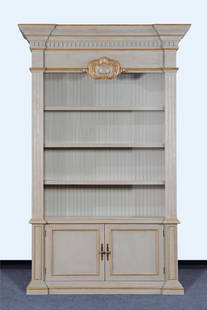 Belize Antique-Style Wood Cabinet with Gold Accents: Belize Antique-Style Wood Cabinet with Gold Accents Introducing the Belize Antique-Style Gray and Gold Bookcase, a stunning addition to any space with its elegant Georgian design. This new piece is cr