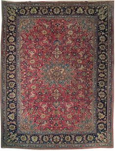 Persian Semi Antique Tabriz Rug 10'3 x 13'2 Handmade Blue Wool: Persian Semi Antique Tabriz Rug 10'3 x 13'2 Handmade Blue Wool Elevate your home decor with this exquisite 10' 3" x 13' 2" Persian Semi Antique Tabriz Rug, handcrafted by skilled artisans in the histo