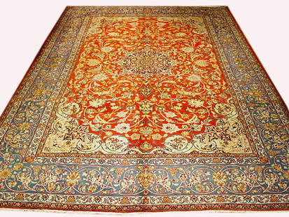 11 x 15 Faded Tomato Red Vintage Persian Isfahan Rug Handmade Iran: 11 x 15 Faded Tomato Red Vintage Persian Isfahan Rug Handmade Iran Introduce a piece of history and timeless elegance into your home with our 11' x 15' Faded Tomato Red Vintage Persian Isfahan Rug. Cr