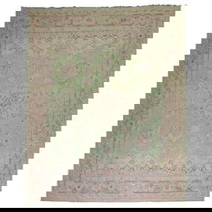 Antique Turkish Oushak Carpet Mint Green 9 x 11'5 Hand-Woven Wool 20th Century: Antique Turkish Oushak Carpet Mint Green 9 x 11'5 Hand-Woven Wool 20th Century Discover this exquisite Mint Green Room Size Antique Turkish Oushak Carpet, a stunning piece from the early 20th century.