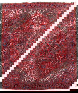 Handcrafted 9' x 10' 10" Persian Heriz Carpet in Vibrant Colors: Handcrafted 9' x 10' 10" Persian Heriz Carpet in Vibrant Colors Introducing the stunning 9' x 10' 10" Persian Heriz Carpet, a handcrafted masterpiece created by skilled Persian artisans. This authenti