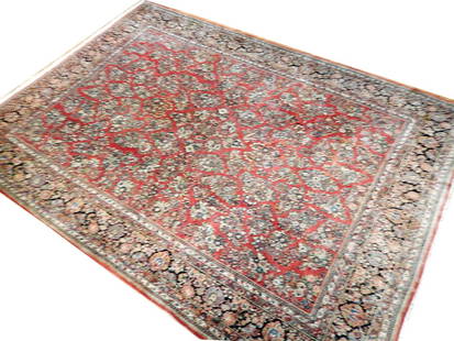 Salmon Semi-Antique Persian Sarouk Rug 13'10 x 19' Handwoven Wool: Salmon Semi-Antique Persian Sarouk Rug 13'10 x 19' Handwoven Wool Experience the timeless elegance of this Salmon Semi-Antique Persian Sarouk Rug, handcrafted by skilled Persian artisans. Measuring 13