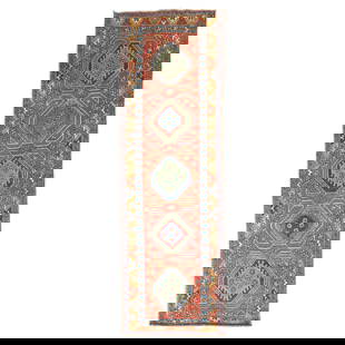 Zabihi Collection Antique Persian Heriz Runner 31 x 106 Wool Hand-Knotted Iran 1930: Zabihi Collection Antique Persian Heriz Runner 31 x 106 Wool Hand-Knotted Iran 1930 This stunning antique Persian Heriz runner, part of the Zabihi Collection, features a vibrant all-over geometric mot