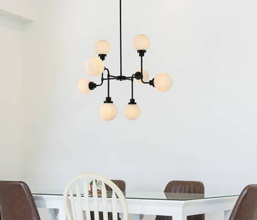 Hanson Modern 8-Light Black Chandelier with Frosted Glass Shades: Hanson Modern 8-Light Black Chandelier with Frosted Glass Shades Elevate your dining or living space with this stunning 8-light chandelier featuring black frosted glass shades. Designed with a modern