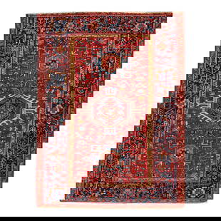 Vintage Persian Heriz Handmade Wool Rug 3'6" x 6' Red Medallion: Vintage Persian Heriz Handmade Wool Rug 3'6" x 6' Red Medallion This exquisite vintage Persian Heriz rug features a striking red color field complemented by a navy blue frame and vibrant multicolor ac