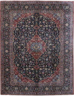 Authentic Persian Kashan Rug 10'1" x 13'2" Navy Blue Handmade: Authentic Persian Kashan Rug 10'1" x 13'2" Navy Blue Handmade Elevate your home decor with this stunning 10' 1" x 13' 2" Authentic Persian Kashan Rug, featuring a rich navy blue hue and intricate trad