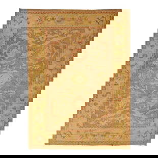 Handmade Turkish Oushak Wool Rug 13'5 x 18 Floral Design: Handmade Turkish Oushak Wool Rug 13'5 x 18 Floral Design Beautiful modern Turkish Oushak hand-knotted wool rug with a light brown color field. This rug has blue, yellow, and rust accents in a gorgeous