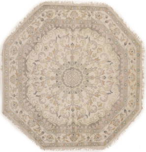 Handmade Floral Oushak Octagon Rug 8ft Wool Area Carpet Modern Decor: Handmade Floral Oushak Octagon Rug 8ft Wool Area Carpet Modern Decor Enhance your home decor with this stunning Handmade Cream Floral Oushak Octagon Rug, measuring 8 ft x 8 ft. This large area rug fea