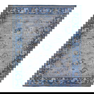 Apadana Persian Mahal Handmade Blue Wool Rug 12'1" x 14'11": Apadana Persian Mahal Handmade Blue Wool Rug 12'1" x 14'11" Transform your living space with this exquisite Persian Style Mahal Handmade Blue Oversize Wool Rug from Apadana's Artisan line. Crafted wit
