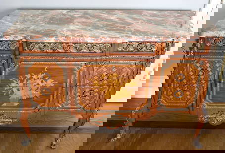 19th Century French Marquetry Inlaid Marble Top Commode Cabinet: 19th Century French Marquetry Inlaid Marble Top Commode Cabinet Discover this stunning 19th century French commode, elegantly designed with marquetry inlaid details and a luxurious marble top. This ex