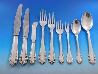 Georg Jensen Lily of the Valley Sterling Silver Flatware Set 81 pcs: Georg Jensen Lily of the Valley Sterling Silver Flatware Set 81 pcs This exquisite Lily of the Valley flatware set by Georg Jensen includes 81 pieces crafted from sterling silver. Renowned for his inn