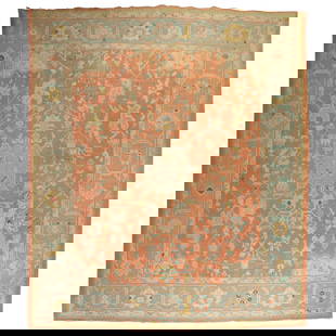 Vibrant Orange Antique Oushak Rug Hand-Woven Wool 11'7 x 15'6 Turkey 1920s: Vibrant Orange Antique Oushak Rug Hand-Woven Wool 11'7 x 15'6 Turkey 1920s This exquisite large antique Oushak rug features a vibrant orange field, showcasing the artistry of early 20th-century crafts