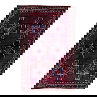 1960s Vintage Persian Shiraz Handmade Wool Rug 4'9 x 7'8 Red Geometric Design: 1960s Vintage Persian Shiraz Handmade Wool Rug 4'9 x 7'8 Red Geometric Design Beautiful vintage Persian Shiraz hand-knotted wool rug with a red color field. This piece has a blue frame and multicolor