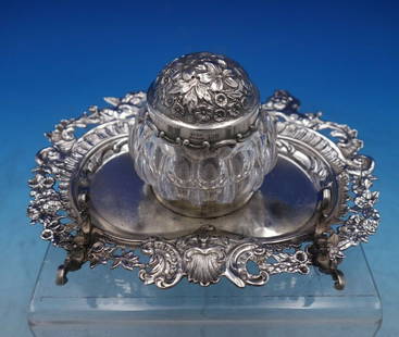 Gorham Sterling Silver Inkwell with Tray and Winged Angels 1891: Gorham Sterling Silver Inkwell with Tray and Winged Angels 1891 This exquisite Gorham sterling silver inkwell set includes a beautifully crafted tray and pen rest, adorned with intricate winged angels