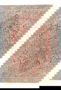 Vintage Persian Heriz Hand-Knotted Wool Rug 7'7 x 11'1 Red Blue: Vintage Persian Heriz Hand-Knotted Wool Rug 7'7 x 11'1 Red Blue Enhance your space with this stunning Vintage Persian Heriz Room Size Wool Rug. Hand-knotted with a vibrant red field and a striking blu