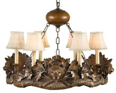 USA Made Lodge Style Bear Head Chandelier 20H 29W 29D: USA Made Lodge Style Bear Head Chandelier 20H 29W 29D Illuminate your space with this stunning Hand-Cast Bear Head Chandelier, crafted in the USA. Designed with a lodge-style aesthetic, this bowl chan