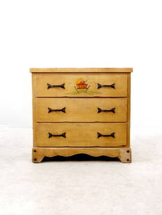 Signed Vintage Monterey Dresser with Hand-Painted Hacienda Scene: Signed Vintage Monterey Dresser with Hand-Painted Hacienda Scene This signed vintage Monterey dresser, circa 1940, features a blond faux bois finish and a hand-painted hacienda scene on the top drawer