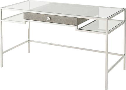 Theodore Alexander Mottled Blue Glass Desk with Stainless Steel Accents: Theodore Alexander Mottled Blue Glass Desk with Stainless Steel Accents Introducing the Theodore Alexander Mottled Blue Desk, a stunning addition to any workspace. This elegant desk features a unique