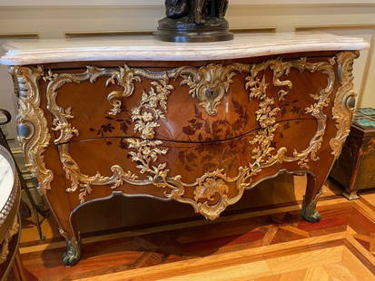 19th Century French Louis XV Marble Bronze Inlaid Wood Commode Pair: 19th Century French Louis XV Marble Bronze Inlaid Wood Commode Pair Discover this exquisite pair of 19th-century French commodes, elegantly styled in the Louis XV tradition. Each commode features a st