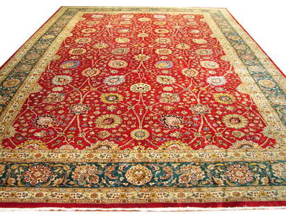11.10 x 17.3 Hand-Knotted Red Persian Tabriz Area Rug: 11.10 x 17.3 Hand-Knotted Red Persian Tabriz Area Rug Discover the elegance of our 11.10 x 17.3 Red Old Persian Tabriz Rug, a stunning example of traditional craftsmanship from Tabriz, Iran. This hand