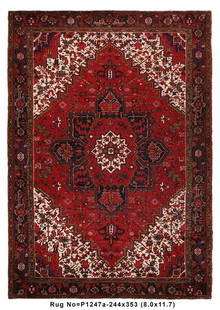 Handmade Persian Heriz Area Rug 7.8x11 Tribal Wool Carpet Iran: Handmade Persian Heriz Area Rug 7.8x11 Tribal Wool Carpet Iran Enhance your living space with the exquisite 7.8 x 11 Persian Heriz Rug, a rich handmade tribal carpet from Iran. This stunning area rug