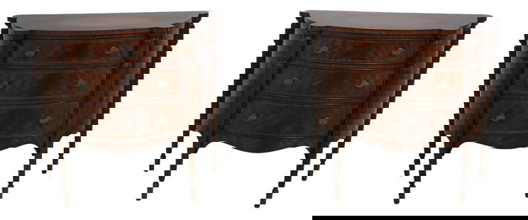 Maitland Smith Sheraton Style Mahogany Commode Chests Pair 33 x 17 x 30: Maitland Smith Sheraton Style Mahogany Commode Chests Pair 33 x 17 x 30 This pair of Sheraton-style commode chests showcases exquisite craftsmanship with reeded legs and a stunning figural mahogany fi