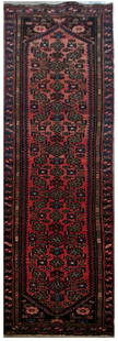 Handcrafted 2.6 x 13.4 Brownish Red Persian Hamadan Wool Rug: Handcrafted 2.6 x 13.4 Brownish Red Persian Hamadan Wool Rug Elevate your living space with this exquisite 2.6 x 13.4 Brownish Red Persian Hamadan Rug, handcrafted by skilled Persian artisans. Featuri