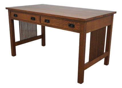 Stickley Mission Oak Arts & Crafts 2 Drawer Desk with Fold Down Keyboard: Stickley Mission Oak Arts & Crafts 2 Drawer Desk with Fold Down Keyboard This Stickley Mission Oak Arts & Crafts 2 Drawer Desk, crafted around 1996, embodies the quality and craftsmanship characterist