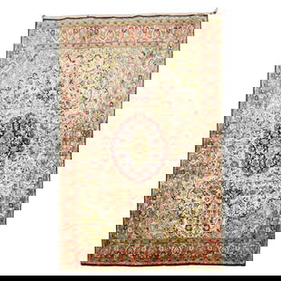 Zabihi Collection Persian Silk Qum Tabriz Rug 43 x 62 inches: Zabihi Collection Persian Silk Qum Tabriz Rug 43 x 62 inches This exquisite Zabihi Collection traditional Persian Silk Qum rug showcases the artistry of Tabriz craftsmanship. Hand-woven with a harmoni