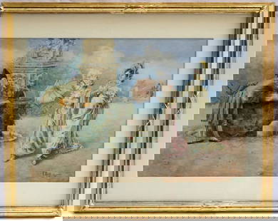 19th Century Italian Watercolor by Moretti At the Fountain Framed: 19th Century Italian Watercolor by Moretti At the Fountain Framed Discover a stunning original 19th century Italian watercolor painting by the renowned artist Moretti, titled "At the Fountain." This e