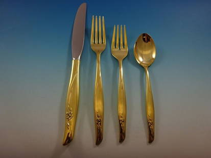 Gorham Sea Rose Gold Vermeil Sterling Silver Flatware Set 32 Pc for 8: Gorham Sea Rose Gold Vermeil Sterling Silver Flatware Set 32 Pc for 8 Enhance your dining experience with this stunning Sea Rose Gold flatware set by Gorham. Crafted from sterling silver and featuring