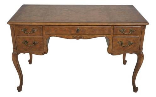 Baker Louis XV Burl Walnut Writing Desk with Brass Hardware: Baker Louis XV Burl Walnut Writing Desk with Brass Hardware This exquisite Baker Burl Walnut Louis XV Writing Desk showcases timeless elegance and superior craftsmanship. Designed with a stunning burl