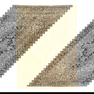 1920s Handmade Persian Heriz Wool Rug Beige Medallion Design 6'8 x 9'4: 1920s Handmade Persian Heriz Wool Rug Beige Medallion Design 6'8 x 9'4 This exquisite 1920s antique Persian Heriz wool rug showcases a captivating blue medallion design that beautifully contrasts agai