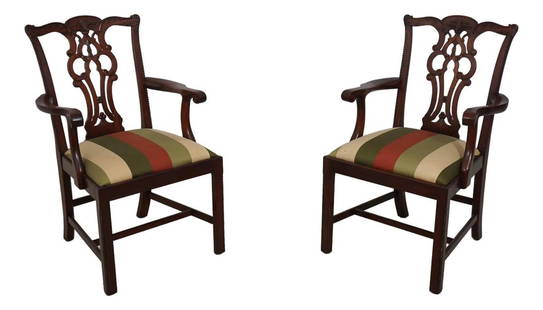 Maitland Smith Chippendale Mahogany Arm Chairs Pair with Fine Carvings: Maitland Smith Chippendale Mahogany Arm Chairs Pair with Fine Carvings This exquisite pair of Maitland Smith Chippendale mahogany arm chairs showcases fine carved details and quality construction, ref