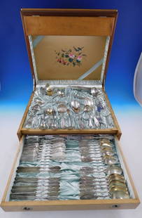 Japanese Aesthetic Sterling Silver Flatware Set for 8, 53 Pieces: Japanese Aesthetic Sterling Silver Flatware Set for 8, 53 Pieces This exquisite sterling silver flatware set, crafted by Whiting Manufacturing Company in the rare 'Japanese' pattern, dates back to the