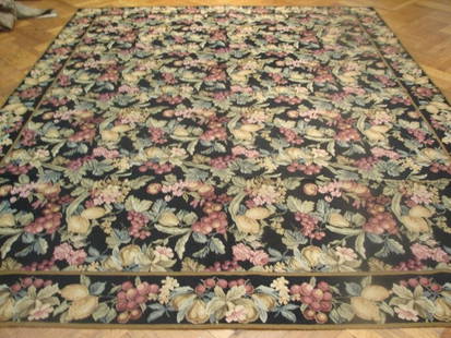 Black Country French Needlepoint Fruits Rug 8'4 x 10'2 Handmade China: Black Country French Needlepoint Fruits Rug 8'4 x 10'2 Handmade China Enhance your living space with this exquisite Black Country French Needlepoint Fruits Rug. Measuring 8' 4" x 10' 2", this beautifu