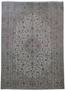 Timeless 9.6 x 13.2 Dusty Grey Handmade Persian Kashan Rug: Timeless 9.6 x 13.2 Dusty Grey Handmade Persian Kashan Rug Transform your space with this exquisite 9.6 x 13.2 Dusty Grey Handmade Wool Persian Signed Kashan Rug. Crafted by skilled Persian artisans,
