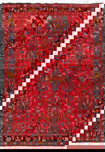 Handcrafted 4.9 x 7.11 Red Persian Hamadan Area Rug from Iran: Handcrafted 4.9 x 7.11 Red Persian Hamadan Area Rug from Iran Enhance your home with this exquisite 4.9 x 7.11 Red Persian Hamadan Rug, handcrafted by skilled Persian artisans. This area rug showcases
