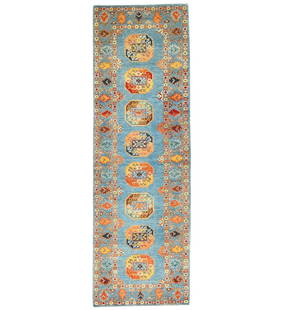 Hand-Knotted Kazak Runner Rug 2'11 x 9'2 Modern Tribal Wool Carpet: Hand-Knotted Kazak Runner Rug 2'11 x 9'2 Modern Tribal Wool Carpet Enhance your space with this exquisite Hand-Knotted Kazak Runner Rug, measuring 2'11" x 9'2". This stunning area rug features a vibra