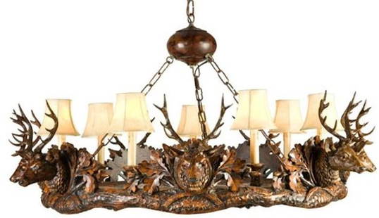 Lodge Style Stag Head Chandelier 30H 45W 45D Faux Leather Shades: Lodge Style Stag Head Chandelier 30H 45W 45D Faux Leather Shades Illuminate your space with this stunning Stag Head Chandelier, featuring exquisite faux leather shades that enhance its lodge style app