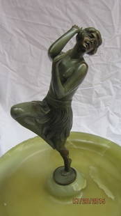 Austrian Art Deco Bronze Dancer Centerpiece by O Hafenrichter: Austrian Art Deco Bronze Dancer Centerpiece by O Hafenrichter This exquisite Art Deco centerpiece, crafted in Austria circa 1930, features a stunning bronze figure of a young girl dancer, elegantly po