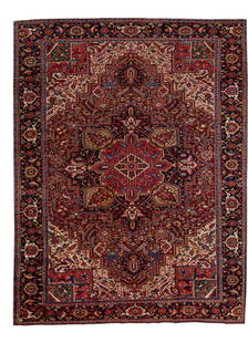 Antique Heriz Persian Handmade Red Wool Rug 11 x 14 Medallion: Antique Heriz Persian Handmade Red Wool Rug 11 x 14 Medallion This exquisite antique Heriz Persian rug showcases a stunning red field adorned with a navy-blue designed frame and multicolor accents. Th