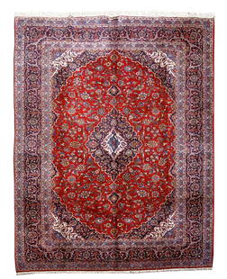 Exquisite 9.10 x 12.11 Red Blue Persian Kashan Hand-Knotted Area Rug: Exquisite 9.10 x 12.11 Red Blue Persian Kashan Hand-Knotted Area Rug Transform your living space with this exquisite 9.10 x 12.11 (118 in x 155 in) Red Blue Genuine Persian Kashan Rug. Meticulously cr