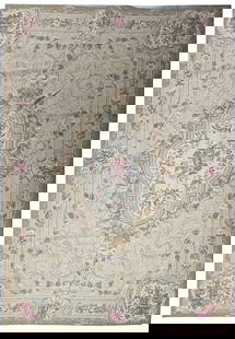 Handwoven 6' x 9' Sage Green Aubusson Area Rug: Handwoven 6' x 9' Sage Green Aubusson Area Rug Enhance your home with the timeless elegance of the 6' x 9' Needlepoint Aubusson Rug in Sage Green. This exquisite rug is meticulously handwoven using th