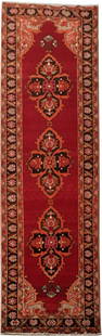 3.8 x 10.8 Red Handmade Persian Hamadan Wool Rug: 3.8 x 10.8 Red Handmade Persian Hamadan Wool Rug Introduce timeless charm to your home with this exquisite 3.8 x 10.8 Red Traditional Persian Hamadan Wool Rug. Handcrafted by talented Persian artisans