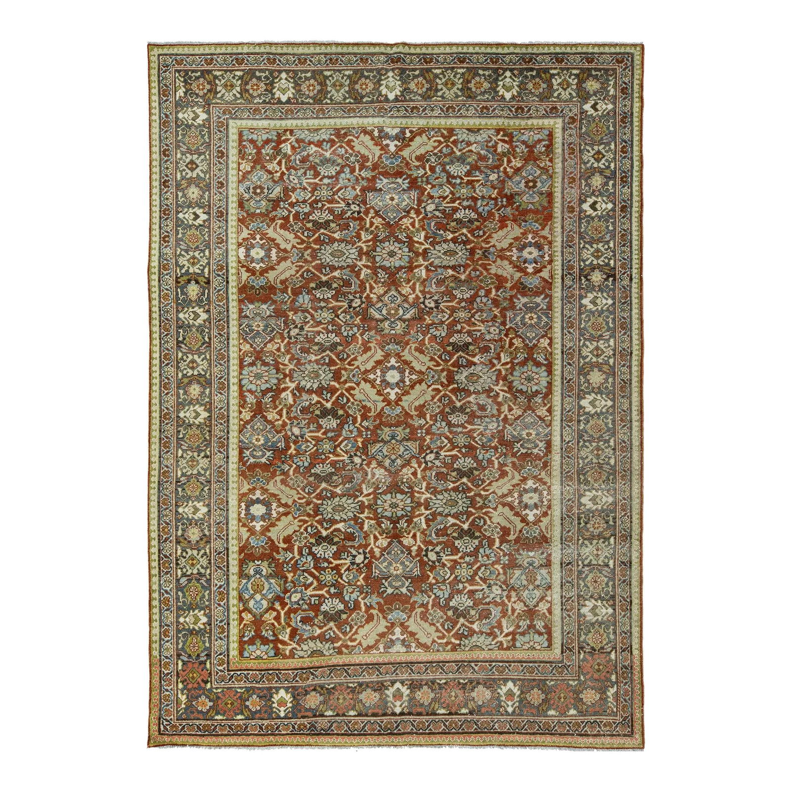 Antique Mahal Hand-Knotted Wool Rug 7'2 x 10'2 Rust Floral: Antique Mahal Hand-Knotted Wool Rug 7'2 x 10'2 Rust Floral This stunning Antique Mahal hand-knotted wool rug features a rich rust field complemented by a delicate floral motif in blue, pink, and brown